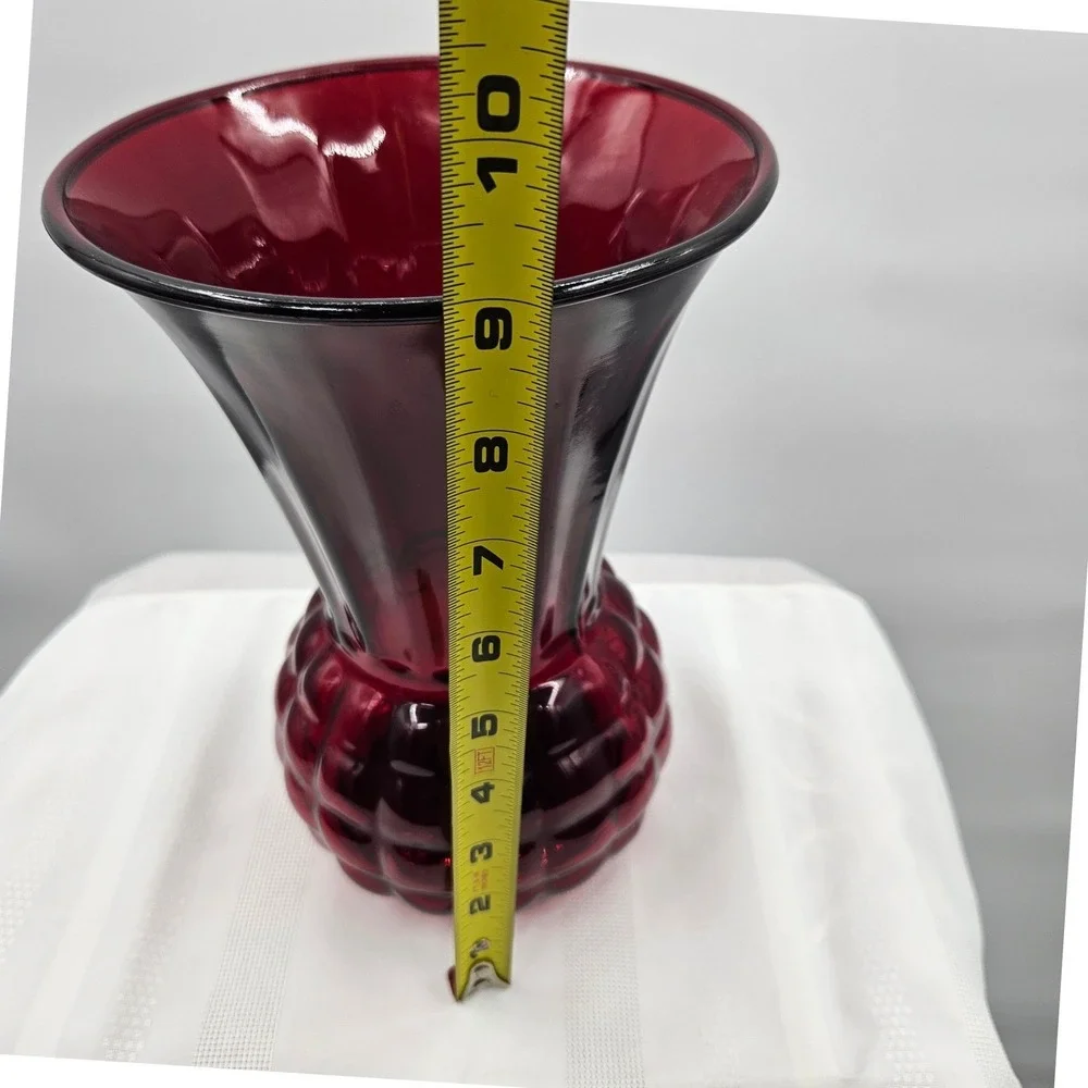 Vintage Anchor Hocking Ruby Red Glass Vase Flared Rim Quilted Base 9